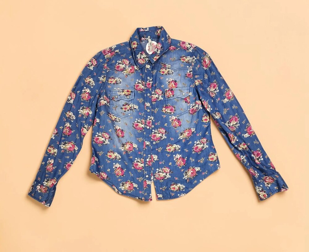 TRUTH NYC Floral Denim Pearl Snap Shirt Small Western Country Cottagecore